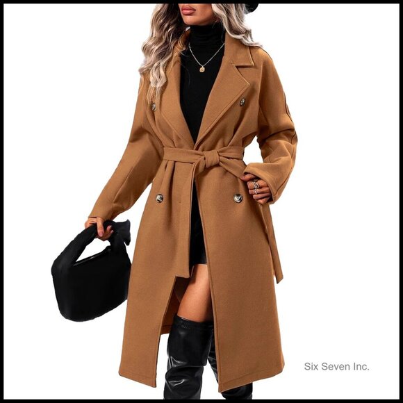 Jackets & Blazers - Women's Double Breasted Wool Pea Coat with Belt, Notch Lapel, Long Sleeve